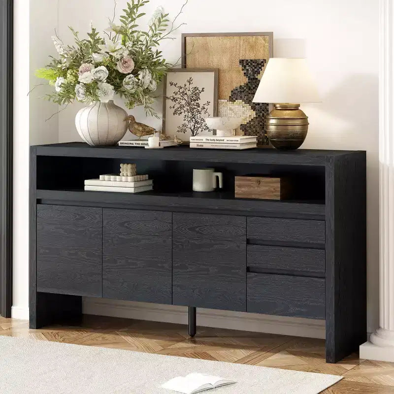 Madia credenza a 3 cassetti e 3 ante con grande ripiano aperto, mobile multiuso per soggiorno e cucina