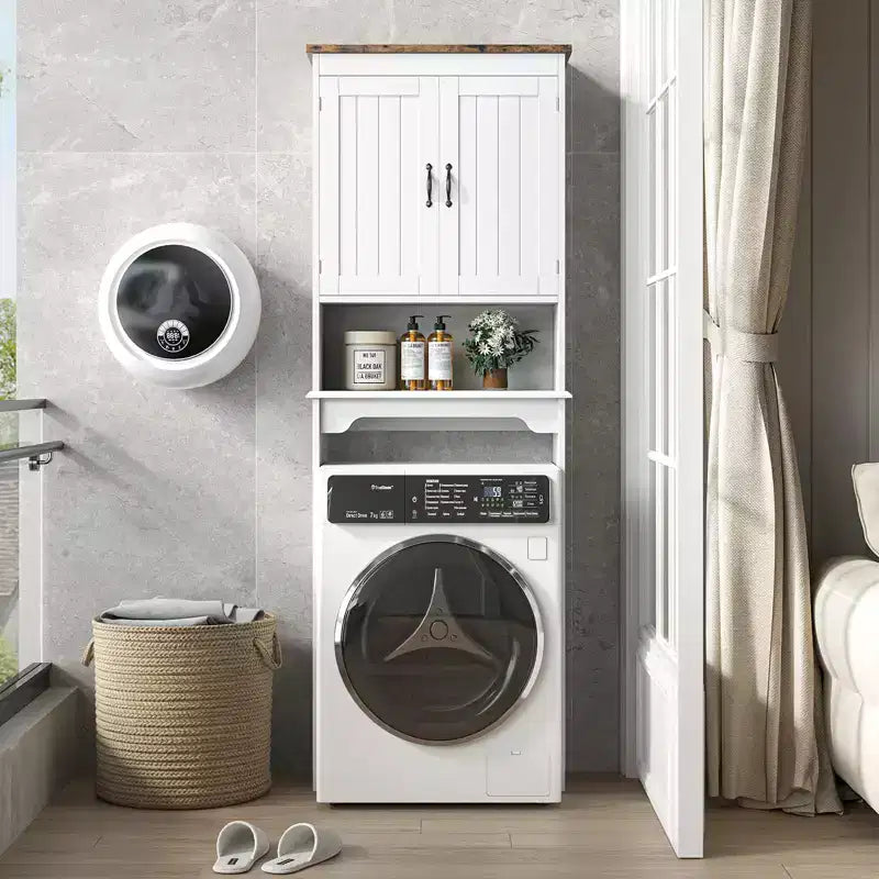 Mobiletto Contenitore Sopra il WC con Porta Carta Igienica, Organizzatore per Bagno a Doppia Anta con Ripiani Regolabili, Scaffale per Bagno Autoportante, Bianco