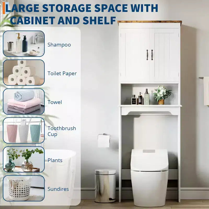 Mobiletto Contenitore Sopra il WC con Porta Carta Igienica, Organizzatore per Bagno a Doppia Anta con Ripiani Regolabili, Scaffale per Bagno Autoportante, Bianco