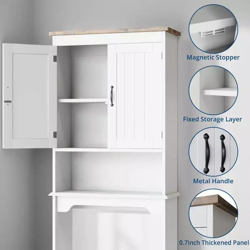 Mobiletto Contenitore Sopra il WC con Porta Carta Igienica, Organizzatore per Bagno a Doppia Anta con Ripiani Regolabili, Scaffale per Bagno Autoportante, Bianco