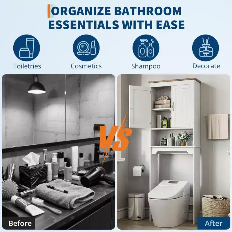 Mobiletto Contenitore Sopra il WC con Porta Carta Igienica, Organizzatore per Bagno a Doppia Anta con Ripiani Regolabili, Scaffale per Bagno Autoportante, Bianco