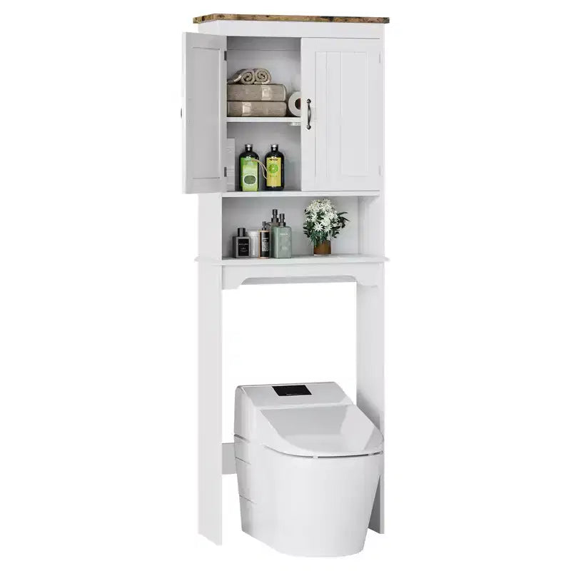 Mobiletto Contenitore Sopra il WC con Porta Carta Igienica, Organizzatore per Bagno a Doppia Anta con Ripiani Regolabili, Scaffale per Bagno Autoportante, Bianco