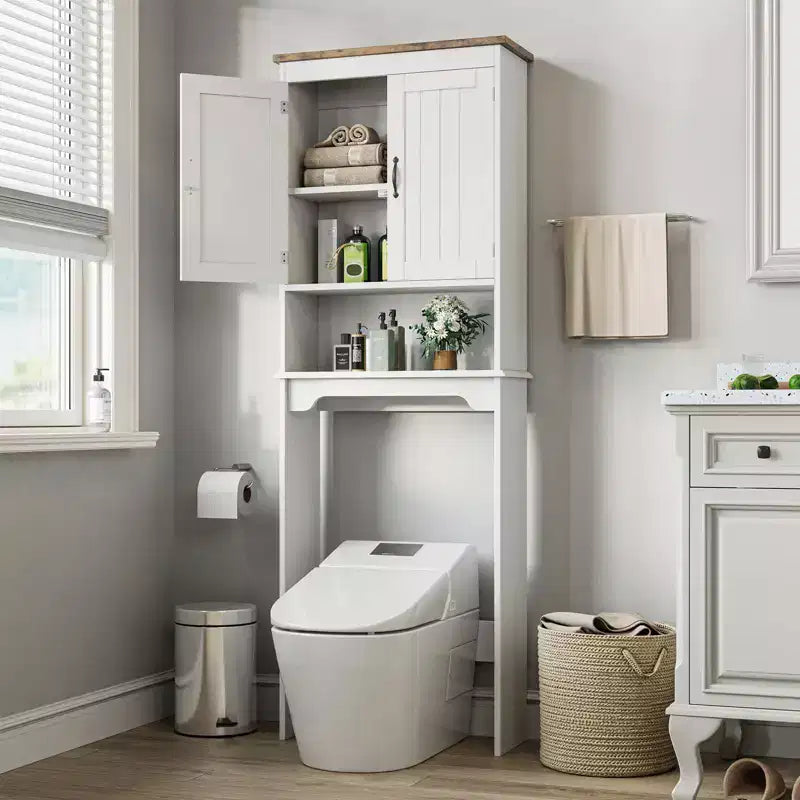 Mobiletto Contenitore Sopra il WC con Porta Carta Igienica, Organizzatore per Bagno a Doppia Anta con Ripiani Regolabili, Scaffale per Bagno Autoportante, Bianco