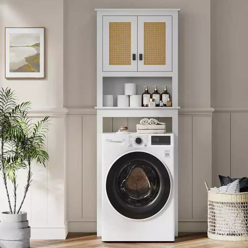 Mobiletto Contenitore Sopra il WC con Porta Carta Igienica, Organizzatore per Bagno a Doppia Anta con Ripiani Regolabili, Scaffale per Bagno Autoportante, Bianco