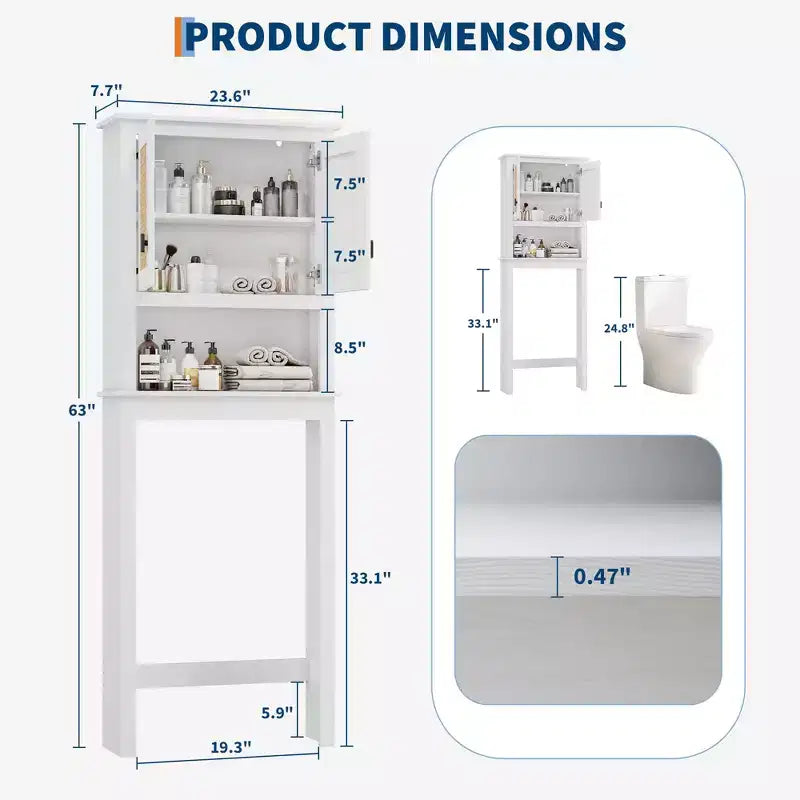 Mobiletto Contenitore Sopra il WC con Porta Carta Igienica, Organizzatore per Bagno a Doppia Anta con Ripiani Regolabili, Scaffale per Bagno Autoportante, Bianco