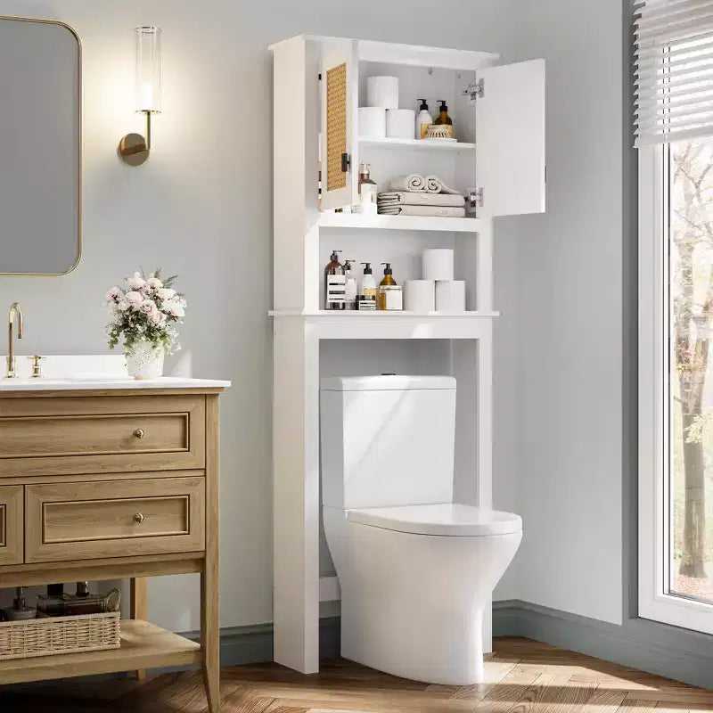 Mobiletto Contenitore Sopra il WC con Porta Carta Igienica, Organizzatore per Bagno a Doppia Anta con Ripiani Regolabili, Scaffale per Bagno Autoportante, Bianco