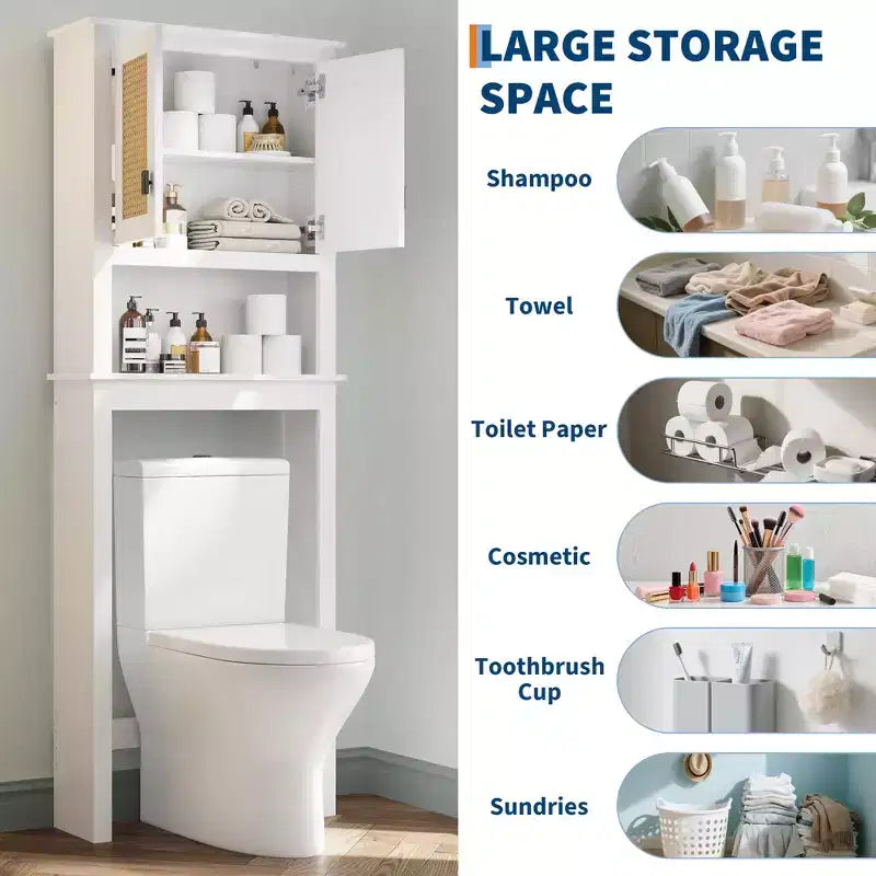 Mobiletto Contenitore Sopra il WC con Porta Carta Igienica, Organizzatore per Bagno a Doppia Anta con Ripiani Regolabili, Scaffale per Bagno Autoportante, Bianco