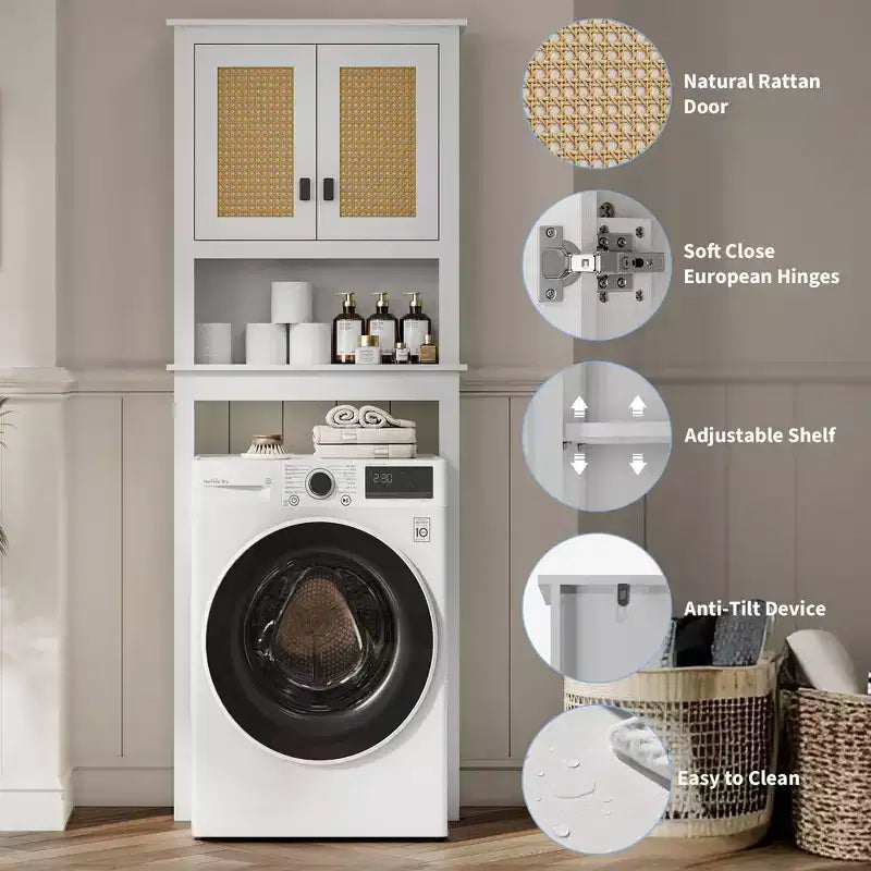 Mobiletto Contenitore Sopra il WC con Porta Carta Igienica, Organizzatore per Bagno a Doppia Anta con Ripiani Regolabili, Scaffale per Bagno Autoportante, Bianco