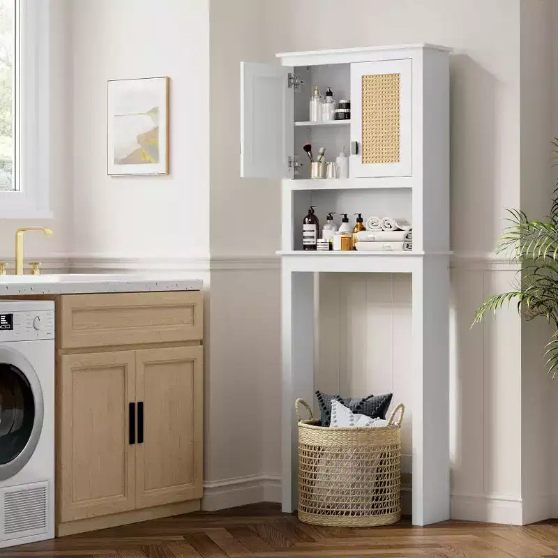 Mobiletto Contenitore Sopra il WC con Porta Carta Igienica, Organizzatore per Bagno a Doppia Anta con Ripiani Regolabili, Scaffale per Bagno Autoportante, Bianco