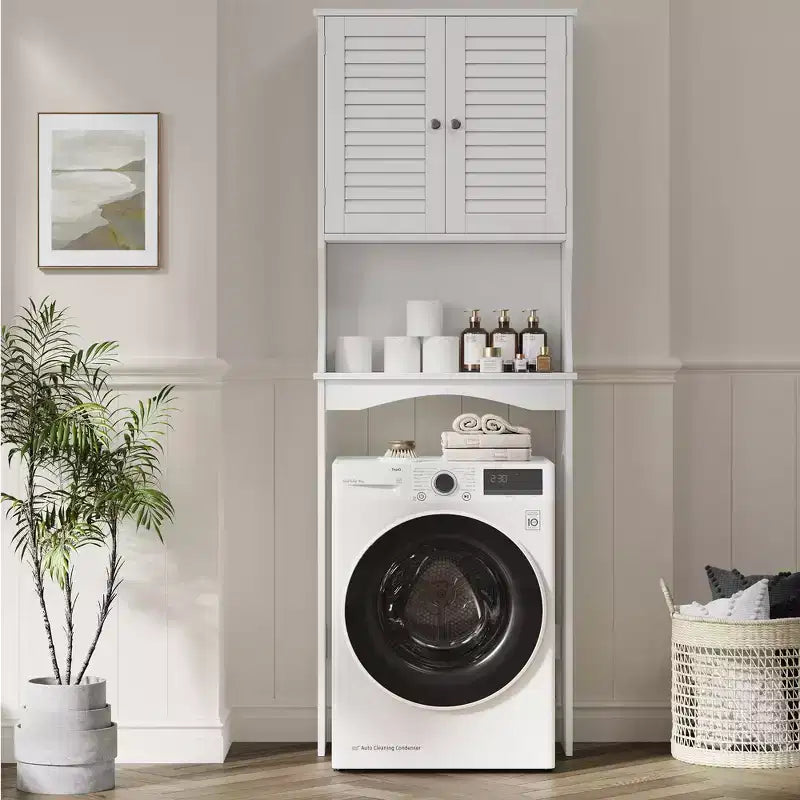 Mobiletto Contenitore Sopra il WC con Porta Carta Igienica, Organizzatore per Bagno a Doppia Anta con Ripiani Regolabili, Scaffale per Bagno Autoportante, Bianco