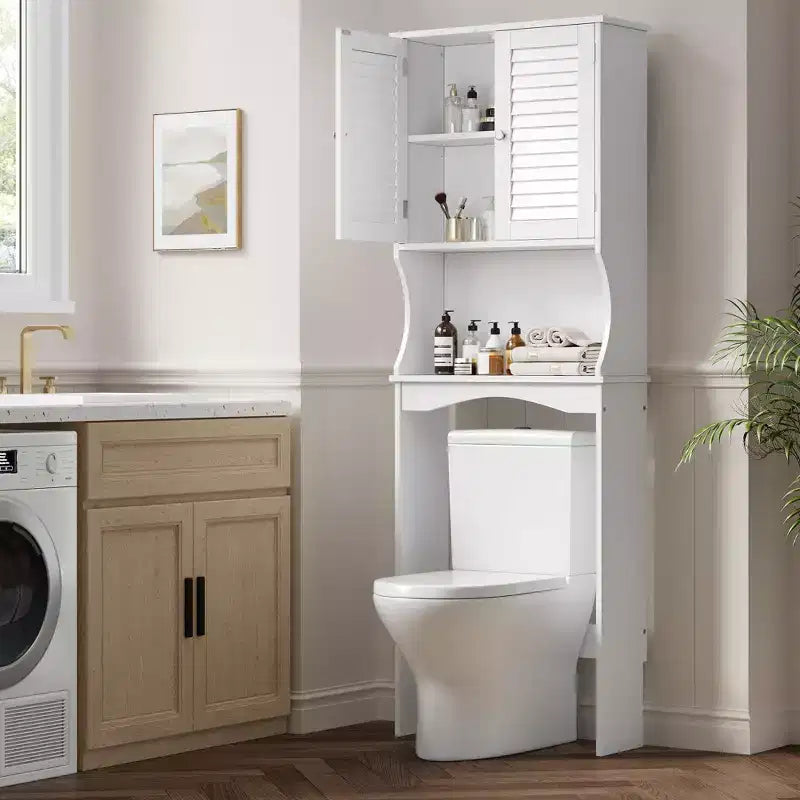 Mobiletto Contenitore Sopra il WC con Porta Carta Igienica, Organizzatore per Bagno a Doppia Anta con Ripiani Regolabili, Scaffale per Bagno Autoportante, Bianco