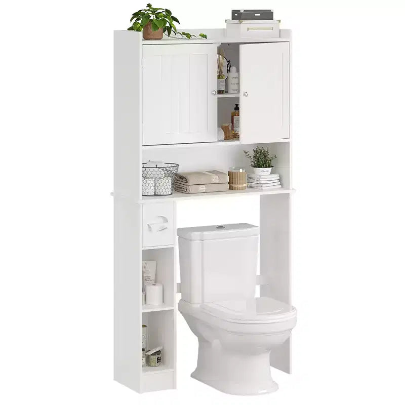 Mobiletto Contenitore Sopra il WC con Porta Carta Igienica, Organizzatore per Bagno a Doppia Anta con Ripiani Regolabili, Scaffale per Bagno Autoportante, Bianco