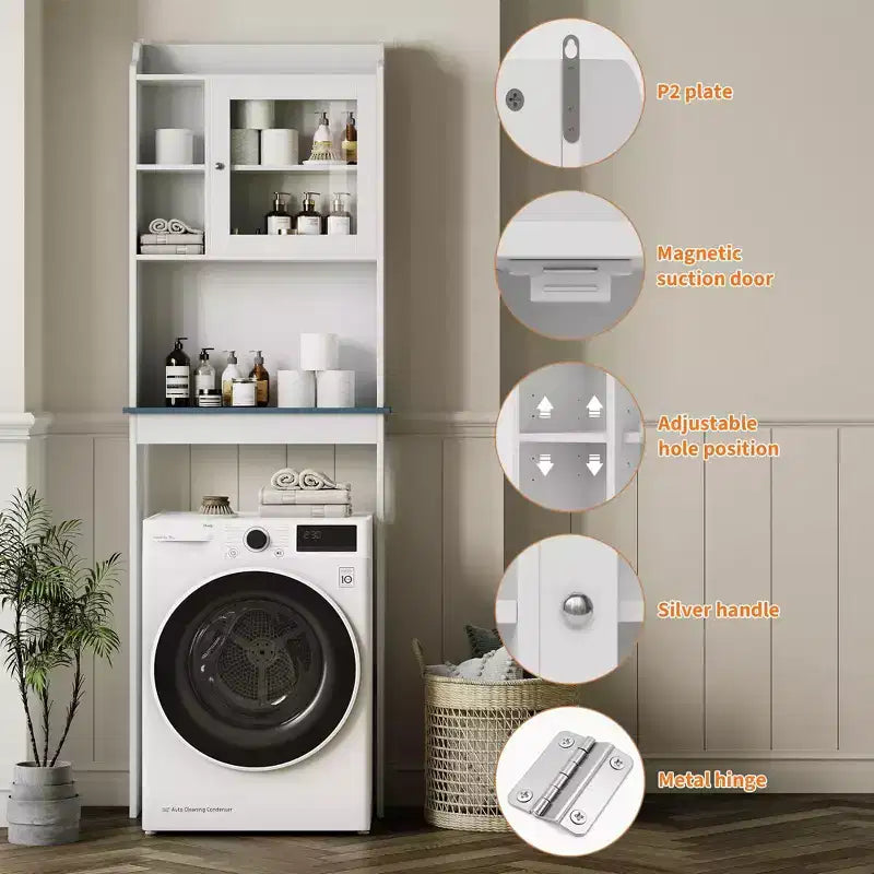 Mobiletto Contenitore Sopra il WC con Porta Carta Igienica, Organizzatore per Bagno a Doppia Anta con Ripiani Regolabili, Scaffale per Bagno Autoportante, Bianco