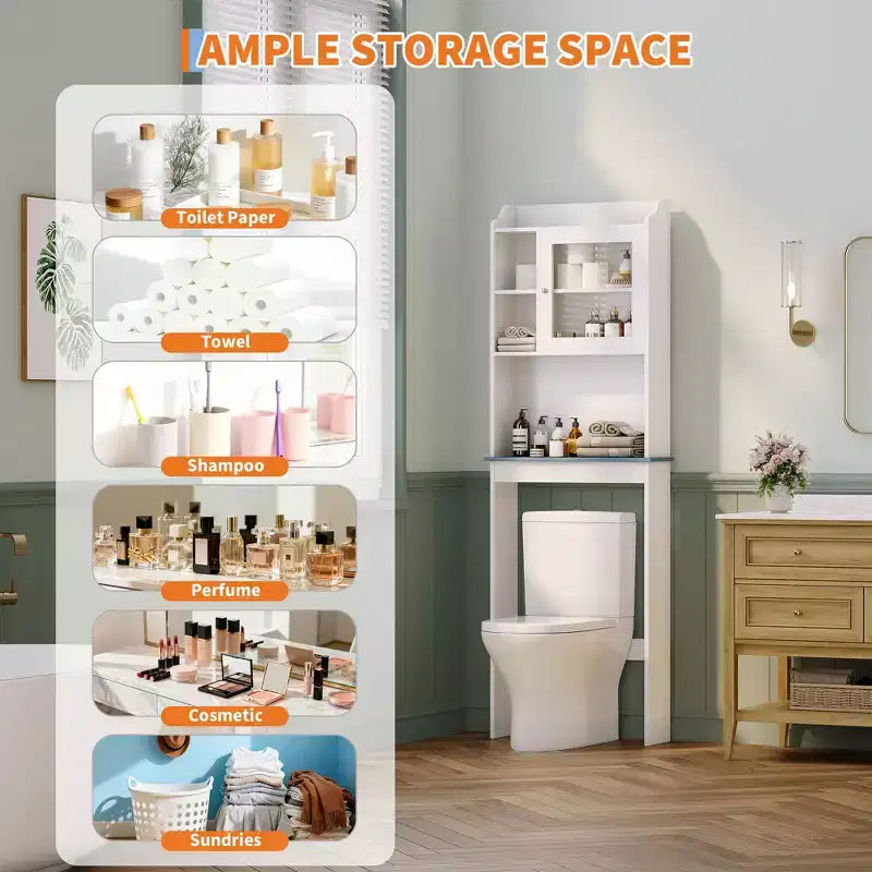 Mobiletto Contenitore Sopra il WC con Porta Carta Igienica, Organizzatore per Bagno a Doppia Anta con Ripiani Regolabili, Scaffale per Bagno Autoportante, Bianco