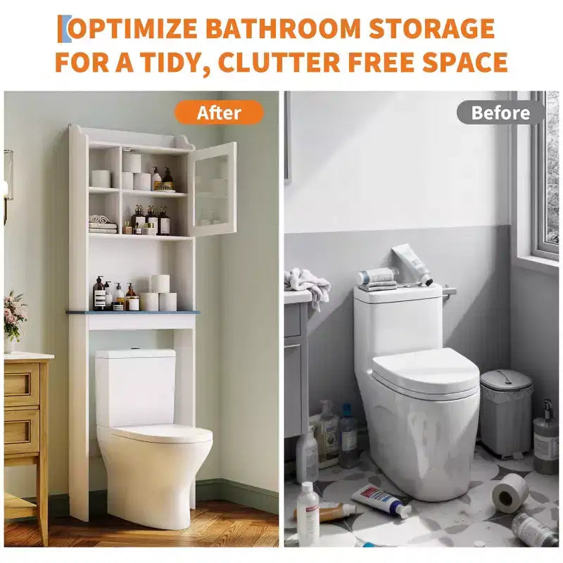 Mobiletto Contenitore Sopra il WC con Porta Carta Igienica, Organizzatore per Bagno a Doppia Anta con Ripiani Regolabili, Scaffale per Bagno Autoportante, Bianco