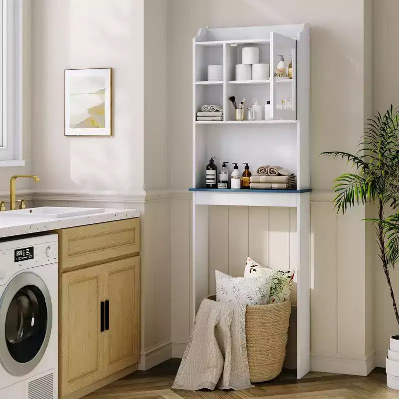 Mobiletto Contenitore Sopra il WC con Porta Carta Igienica, Organizzatore per Bagno a Doppia Anta con Ripiani Regolabili, Scaffale per Bagno Autoportante, Bianco