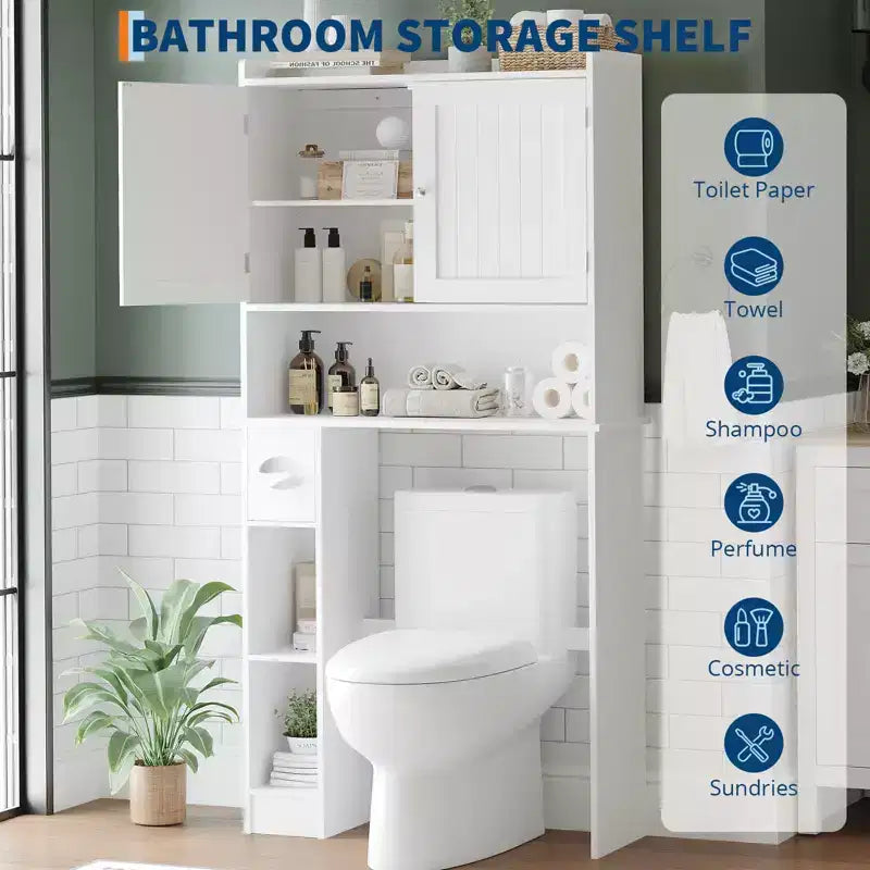 Mobiletto Contenitore Sopra il WC con Porta Carta Igienica, Organizzatore per Bagno a Doppia Anta con Ripiani Regolabili, Scaffale per Bagno Autoportante, Bianco