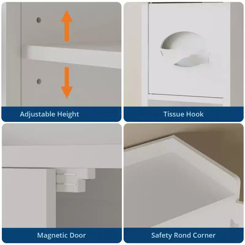Mobiletto Contenitore Sopra il WC con Porta Carta Igienica, Organizzatore per Bagno a Doppia Anta con Ripiani Regolabili, Scaffale per Bagno Autoportante, Bianco