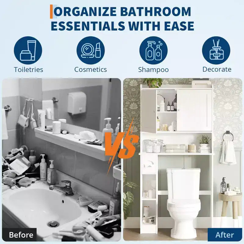 Mobiletto Contenitore Sopra il WC con Porta Carta Igienica, Organizzatore per Bagno a Doppia Anta con Ripiani Regolabili, Scaffale per Bagno Autoportante, Bianco