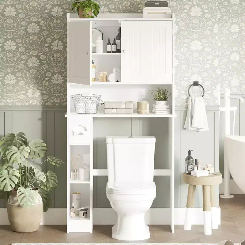 Mobiletto Contenitore Sopra il WC con Porta Carta Igienica, Organizzatore per Bagno a Doppia Anta con Ripiani Regolabili, Scaffale per Bagno Autoportante, Bianco