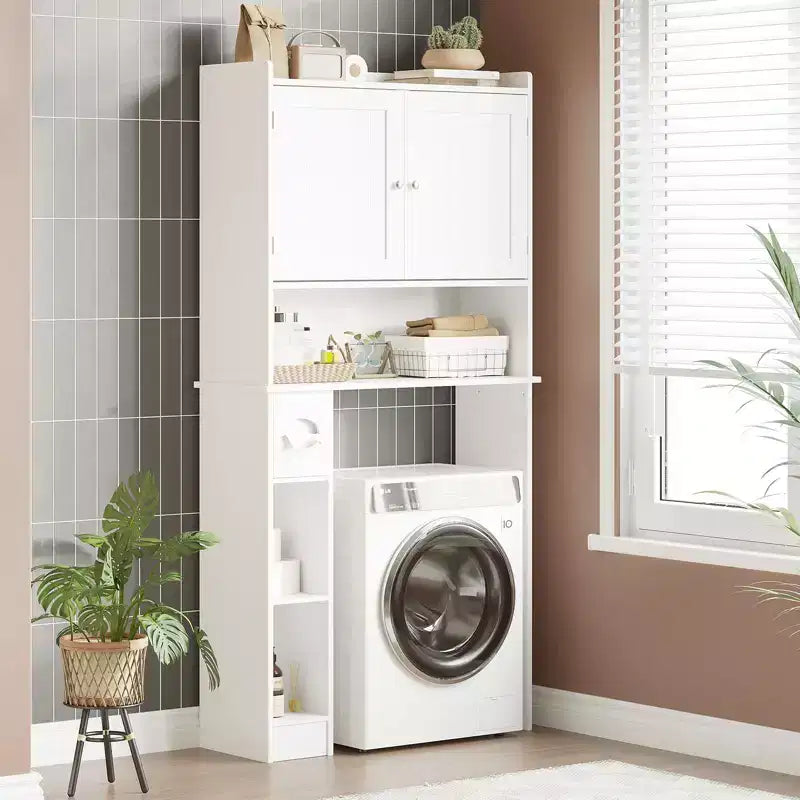 Over The Toilet Storage Cabinet with Toilet Paper Holder Double Door Bathroom Organizer with Adjustable Shelves Freestanding Bathroom Shelf, White