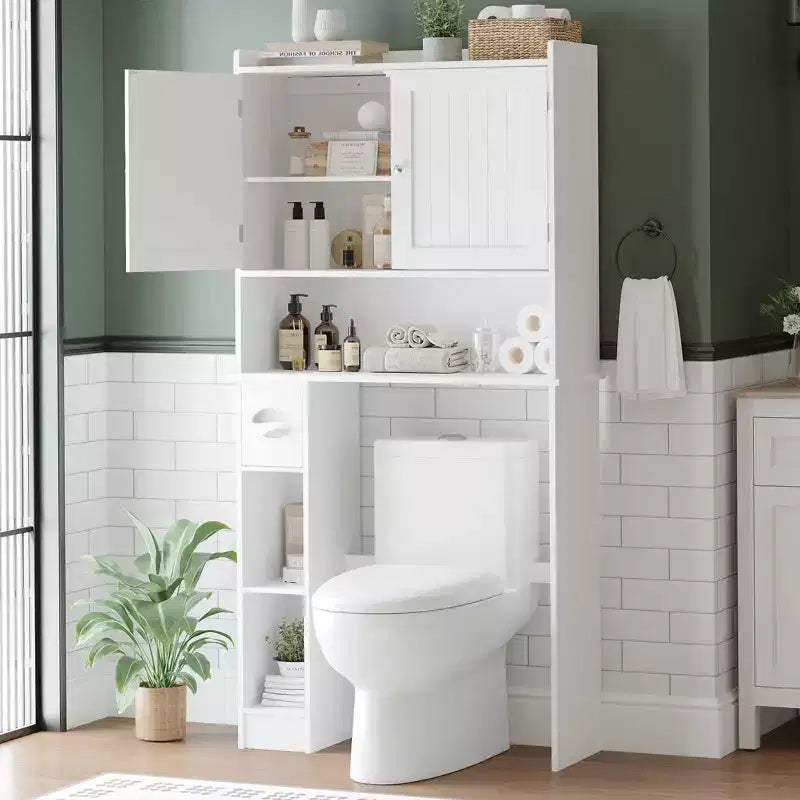 Mobiletto Contenitore Sopra il WC con Porta Carta Igienica, Organizzatore per Bagno a Doppia Anta con Ripiani Regolabili, Scaffale per Bagno Autoportante, Bianco