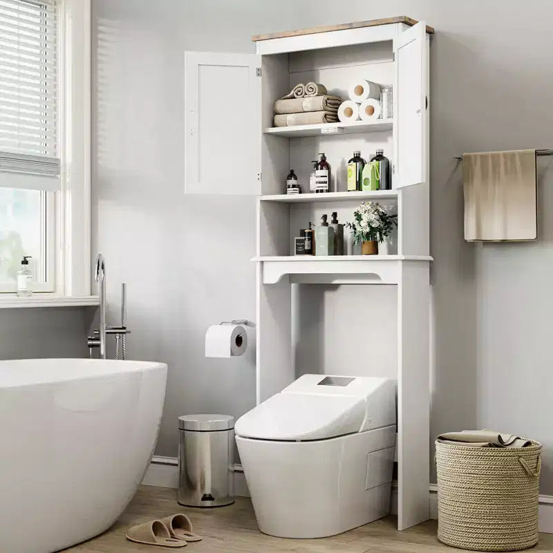 Mobiletto Contenitore Sopra il WC con Porta Carta Igienica, Organizzatore per Bagno a Doppia Anta con Ripiani Regolabili, Scaffale per Bagno Autoportante, Bianco