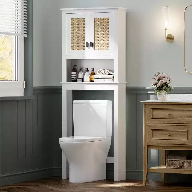 Mobiletto Contenitore Sopra il WC con Porta Carta Igienica, Organizzatore per Bagno a Doppia Anta con Ripiani Regolabili, Scaffale per Bagno Autoportante, Bianco
