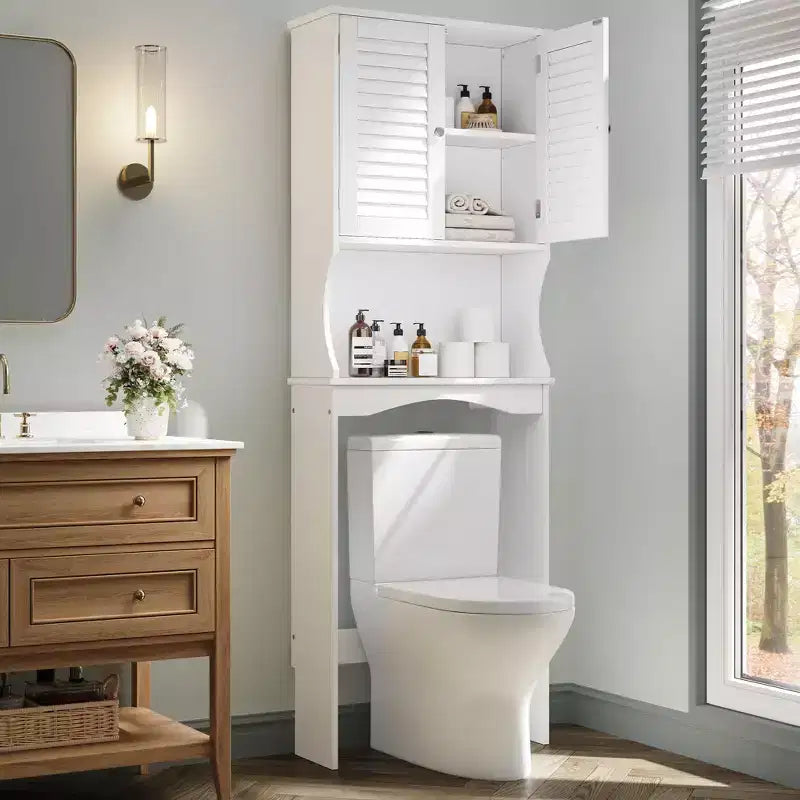 Mobiletto Contenitore Sopra il WC con Porta Carta Igienica, Organizzatore per Bagno a Doppia Anta con Ripiani Regolabili, Scaffale per Bagno Autoportante, Bianco