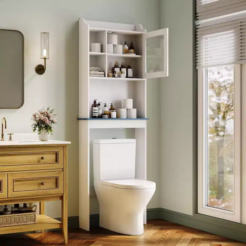 Mobiletto Contenitore Sopra il WC con Porta Carta Igienica, Organizzatore per Bagno a Doppia Anta con Ripiani Regolabili, Scaffale per Bagno Autoportante, Bianco