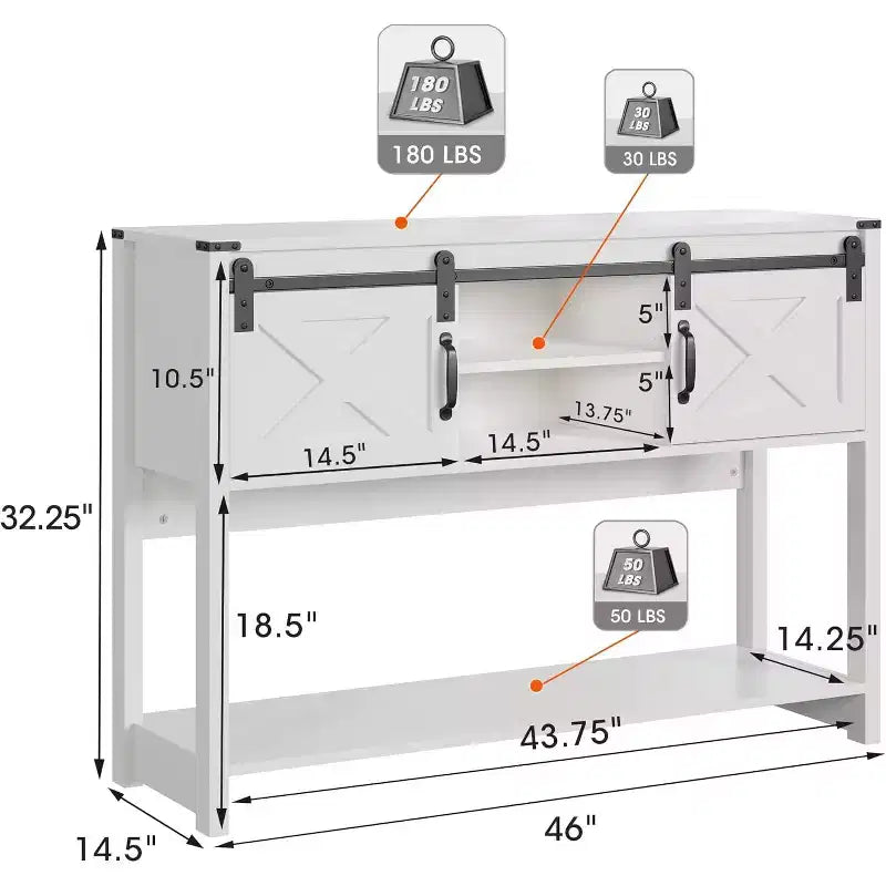 Tavolino Console con Ripiano Portaoggetti e Porta Scorrevole a Fienile, Tavolo da Ingresso in Stile Rustico con Contenitore, Tavolo da Divano Stretto e Lungo da 117 cm, Tavolini Console