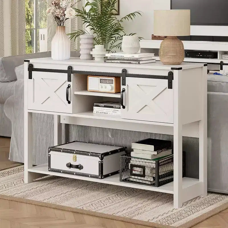 Tavolino Console con Ripiano Portaoggetti e Porta Scorrevole a Fienile, Tavolo da Ingresso in Stile Rustico con Contenitore, Tavolo da Divano Stretto e Lungo da 117 cm, Tavolini Console