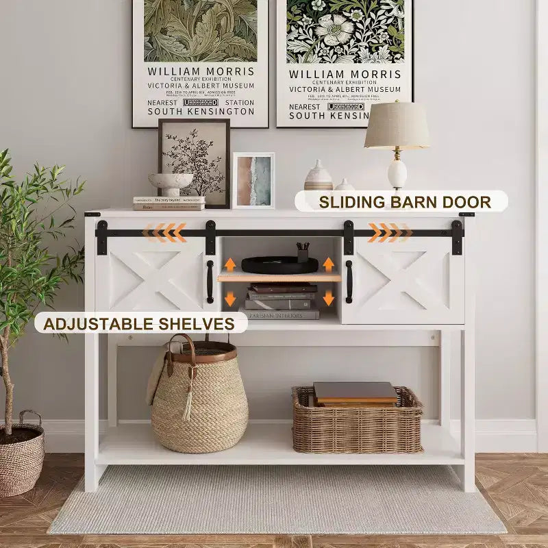 Tavolino Console con Ripiano Portaoggetti e Porta Scorrevole a Fienile, Tavolo da Ingresso in Stile Rustico con Contenitore, Tavolo da Divano Stretto e Lungo da 117 cm, Tavolini Console