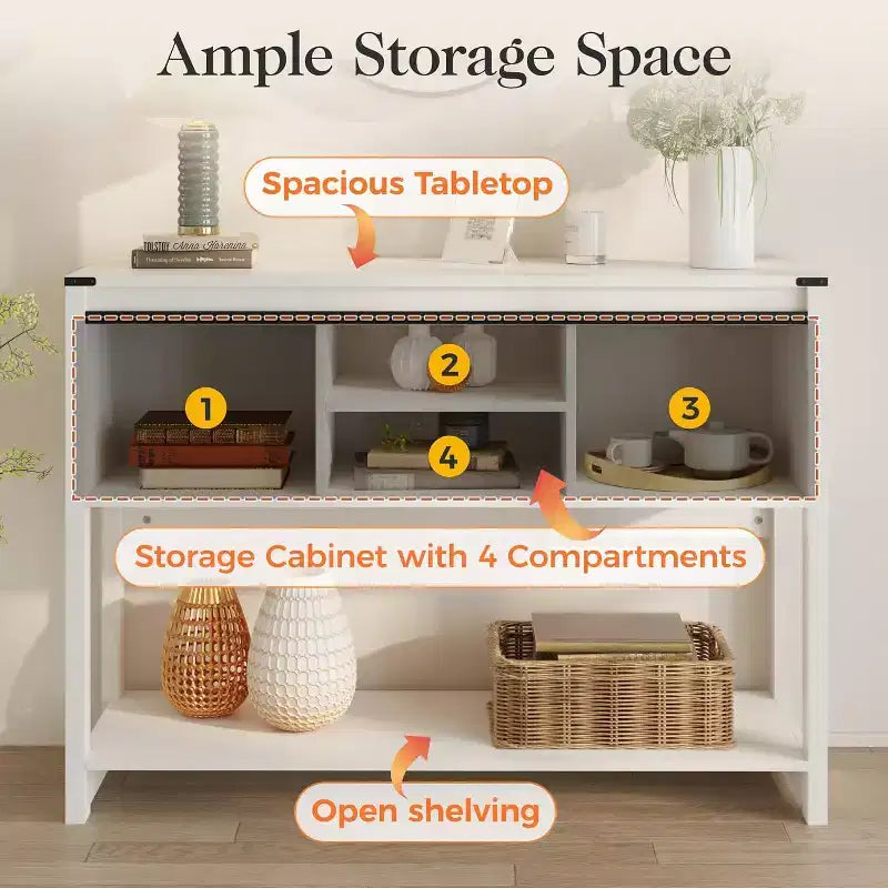 Tavolino Console con Ripiano Portaoggetti e Porta Scorrevole a Fienile, Tavolo da Ingresso in Stile Rustico con Contenitore, Tavolo da Divano Stretto e Lungo da 117 cm, Tavolini Console