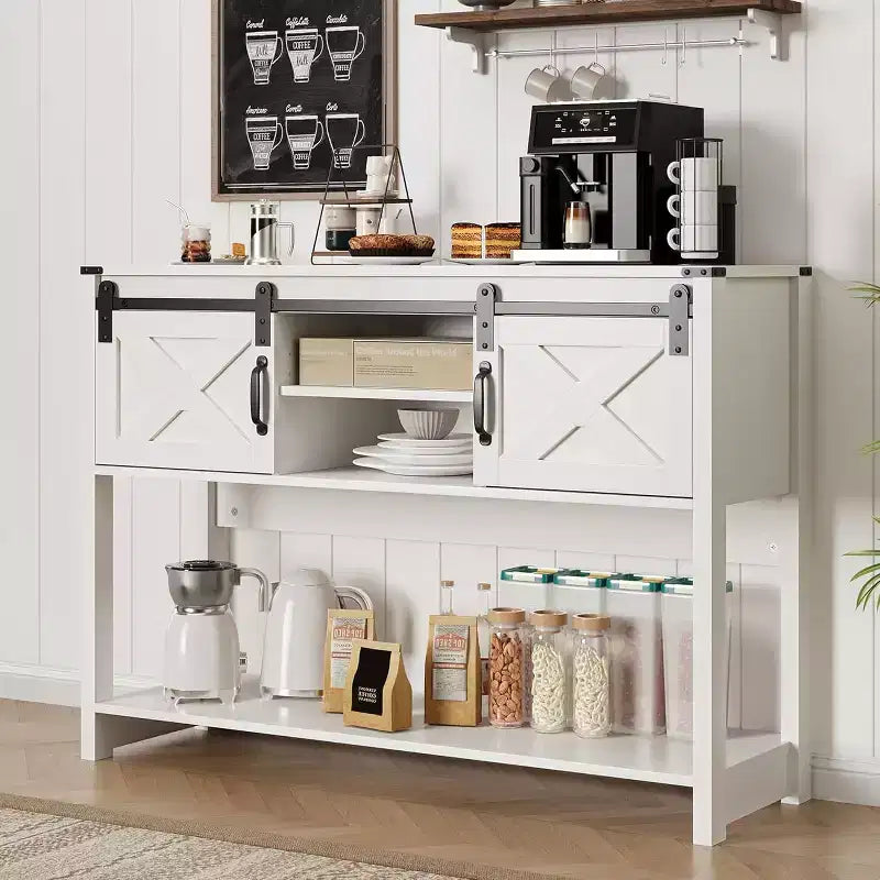 Tavolino Console con Ripiano Portaoggetti e Porta Scorrevole a Fienile, Tavolo da Ingresso in Stile Rustico con Contenitore, Tavolo da Divano Stretto e Lungo da 117 cm, Tavolini Console