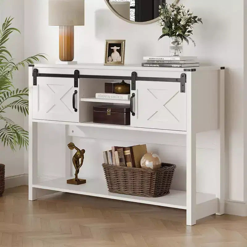 Tavolino Console con Ripiano Portaoggetti e Porta Scorrevole a Fienile, Tavolo da Ingresso in Stile Rustico con Contenitore, Tavolo da Divano Stretto e Lungo da 117 cm, Tavolini Console