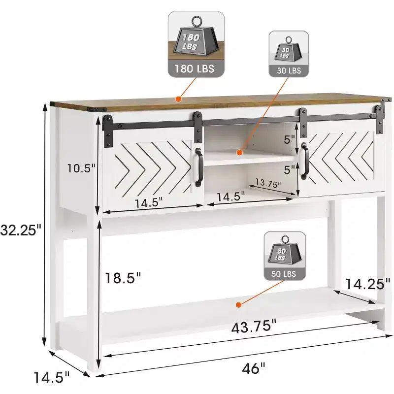 Tavolino Console con Ripiano Portaoggetti e Porta Scorrevole a Fienile, Tavolo da Ingresso in Stile Rustico con Contenitore, Tavolo da Divano Stretto e Lungo da 117 cm, Tavolini Console