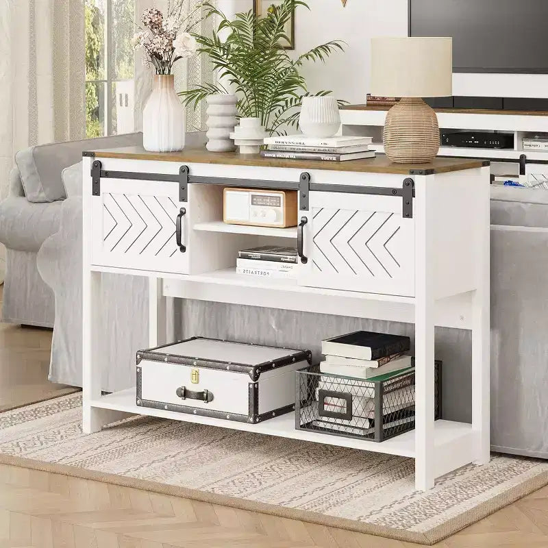 Tavolino Console con Ripiano Portaoggetti e Porta Scorrevole a Fienile, Tavolo da Ingresso in Stile Rustico con Contenitore, Tavolo da Divano Stretto e Lungo da 117 cm, Tavolini Console