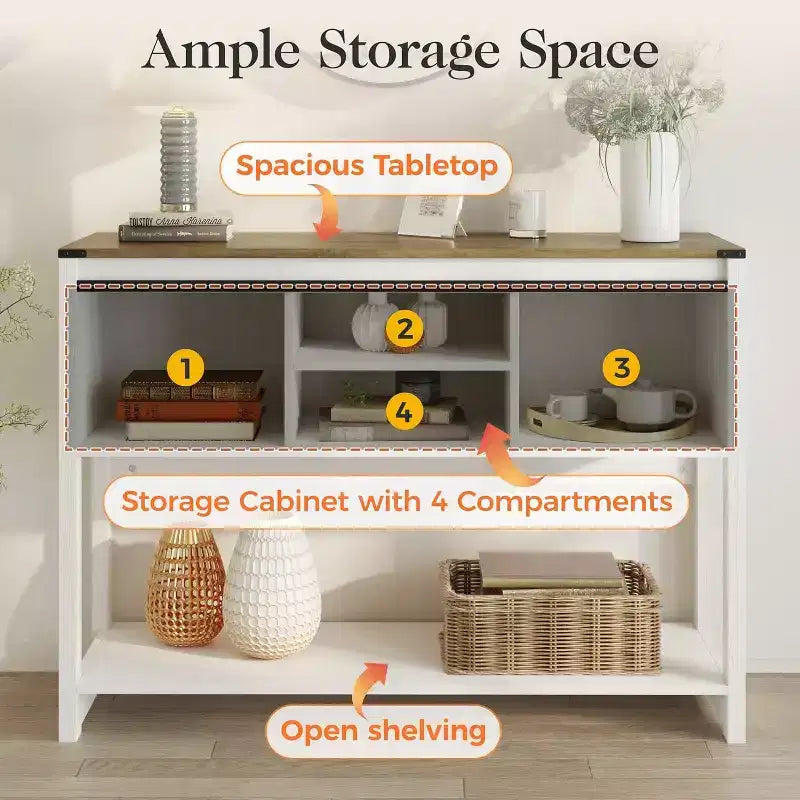 Tavolino Console con Ripiano Portaoggetti e Porta Scorrevole a Fienile, Tavolo da Ingresso in Stile Rustico con Contenitore, Tavolo da Divano Stretto e Lungo da 117 cm, Tavolini Console