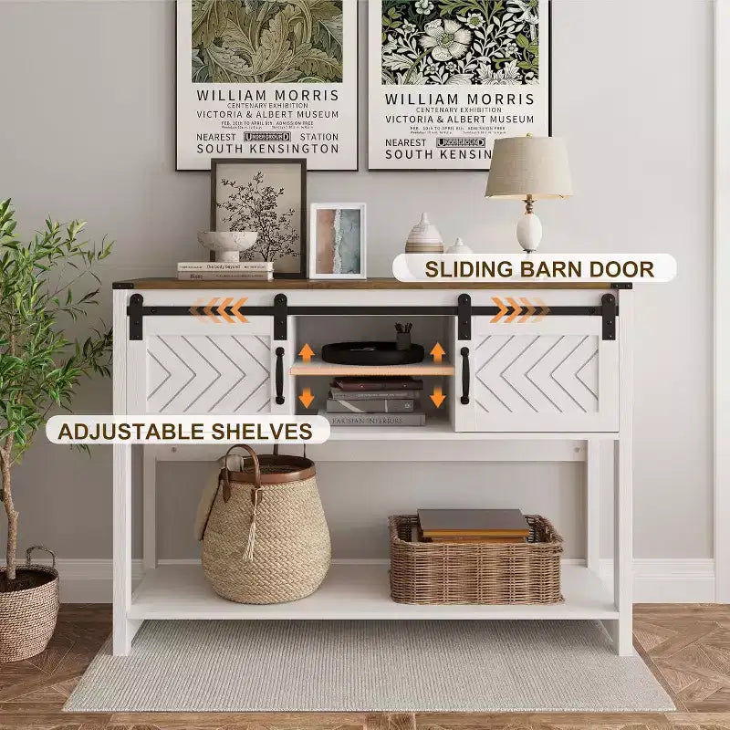 Tavolino Console con Ripiano Portaoggetti e Porta Scorrevole a Fienile, Tavolo da Ingresso in Stile Rustico con Contenitore, Tavolo da Divano Stretto e Lungo da 117 cm, Tavolini Console