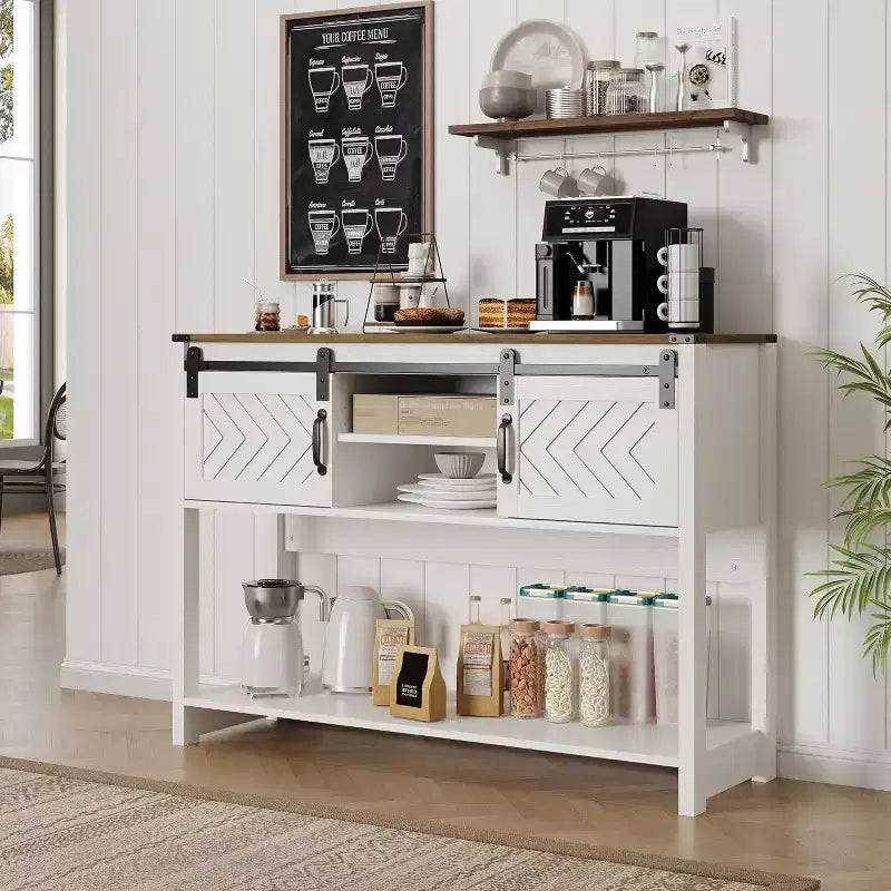 Tavolino Console con Ripiano Portaoggetti e Porta Scorrevole a Fienile, Tavolo da Ingresso in Stile Rustico con Contenitore, Tavolo da Divano Stretto e Lungo da 117 cm, Tavolini Console