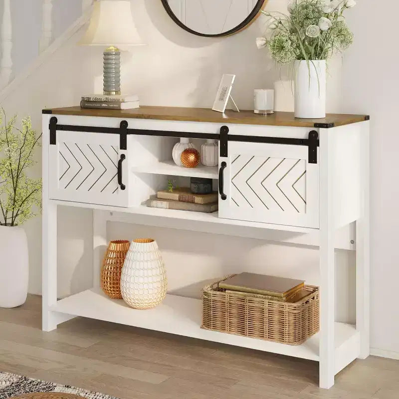 Tavolino Console con Ripiano Portaoggetti e Porta Scorrevole a Fienile, Tavolo da Ingresso in Stile Rustico con Contenitore, Tavolo da Divano Stretto e Lungo da 117 cm, Tavolini Console
