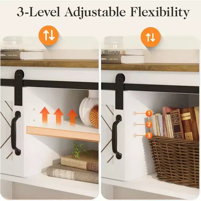 Tavolino Console con Ripiano Portaoggetti e Porta Scorrevole a Fienile, Tavolo da Ingresso in Stile Rustico con Contenitore, Tavolo da Divano Stretto e Lungo da 117 cm, Tavolini Console