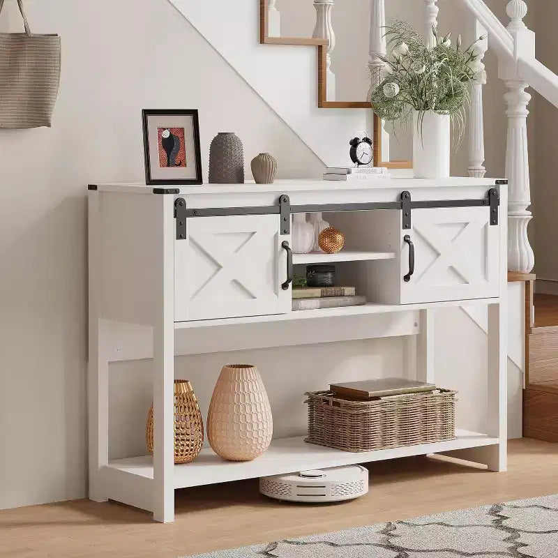 Tavolino Console con Ripiano Portaoggetti e Porta Scorrevole a Fienile, Tavolo da Ingresso in Stile Rustico con Contenitore, Tavolo da Divano Stretto e Lungo da 117 cm, Tavolini Console