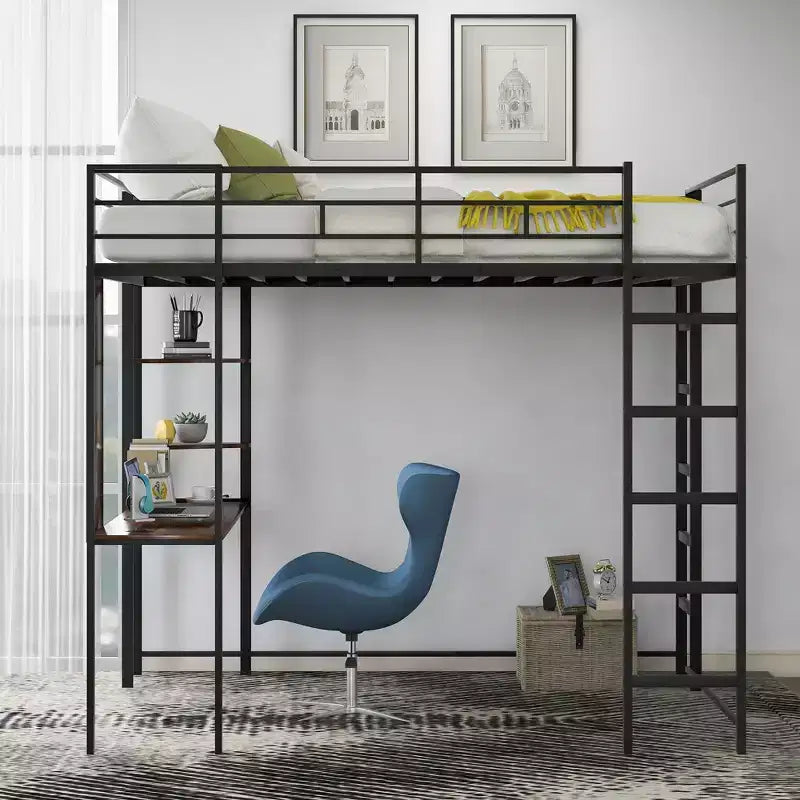 Full Size Metal Loft Bed with 2 Shelves and one Desk,Black