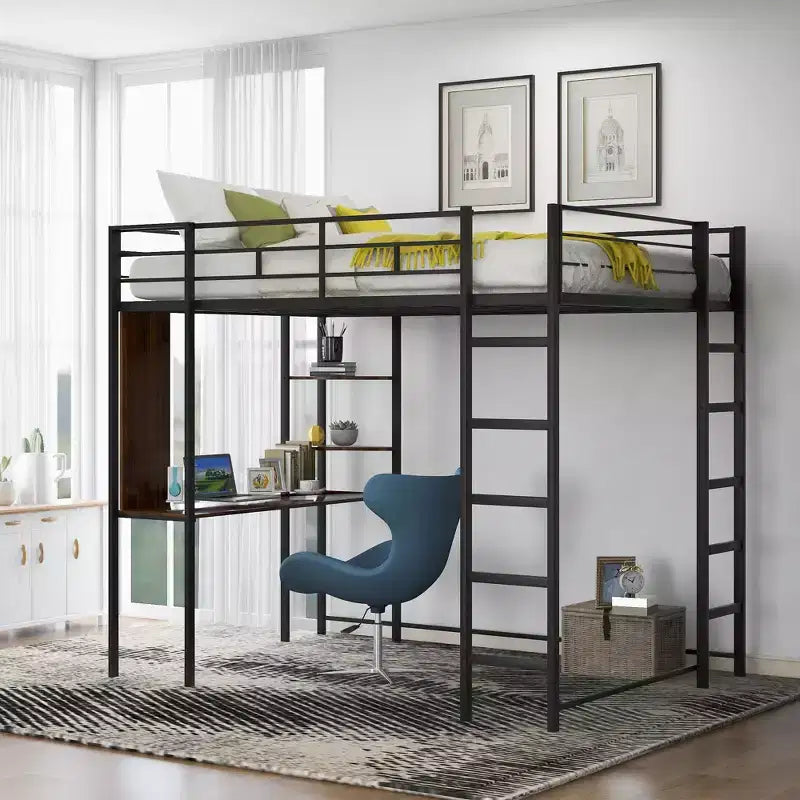Letto a soppalco in metallo full-size con 2 ripiani e una scrivania, nero