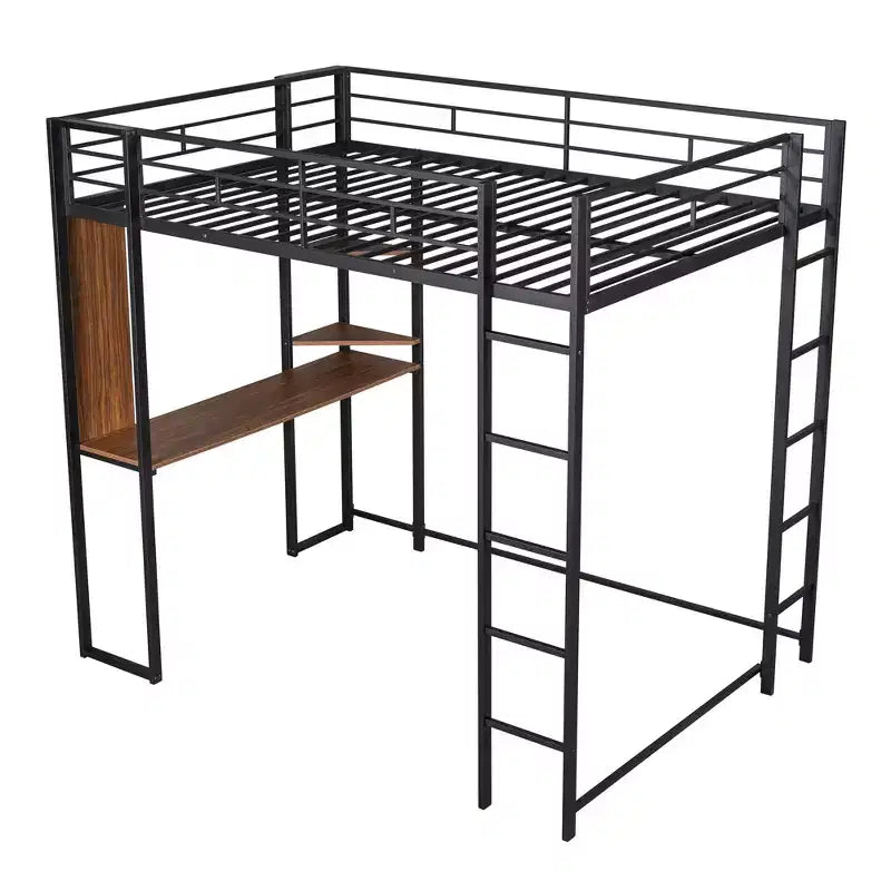 Letto a soppalco in metallo full-size con 2 ripiani e una scrivania, nero