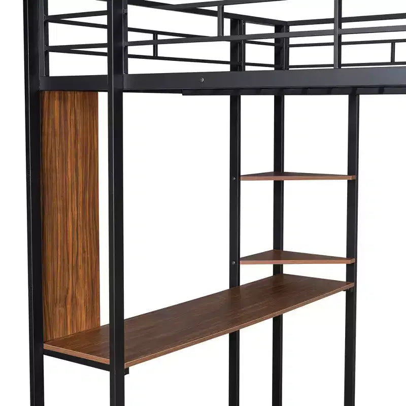 Letto a soppalco in metallo full-size con 2 ripiani e una scrivania, nero