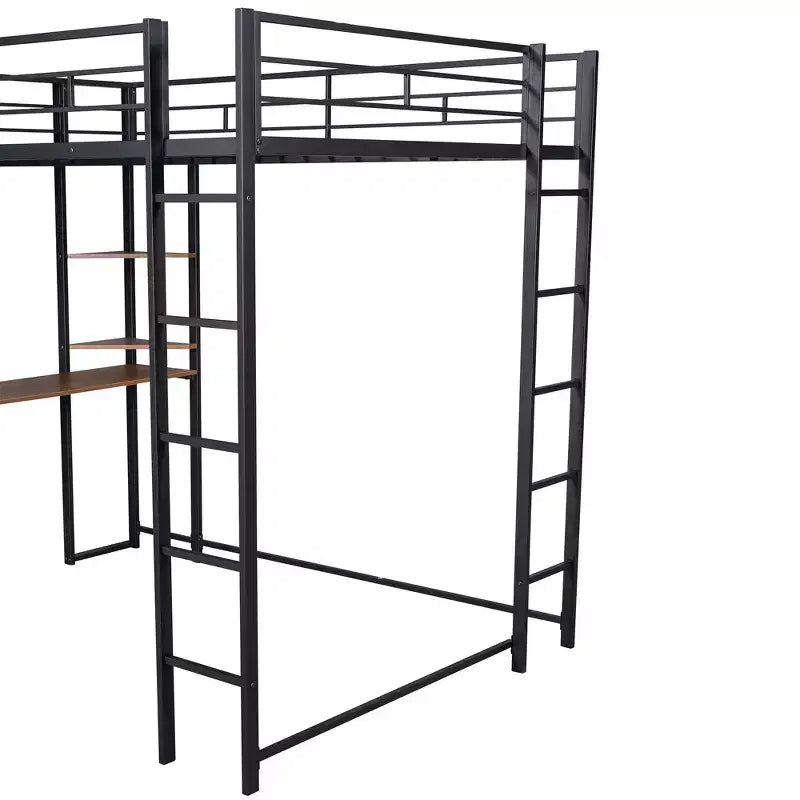 Letto a soppalco in metallo full-size con 2 ripiani e una scrivania, nero