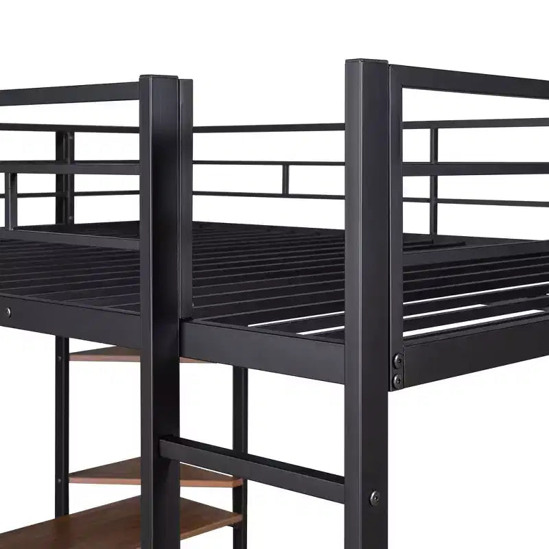 Letto a soppalco in metallo full-size con 2 ripiani e una scrivania, nero